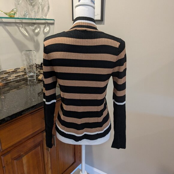 T Tahari LP Petite Mock Neck Ribbed Knit Sweater Black Tan Stripe Button Cuff - Picture 5 of 5